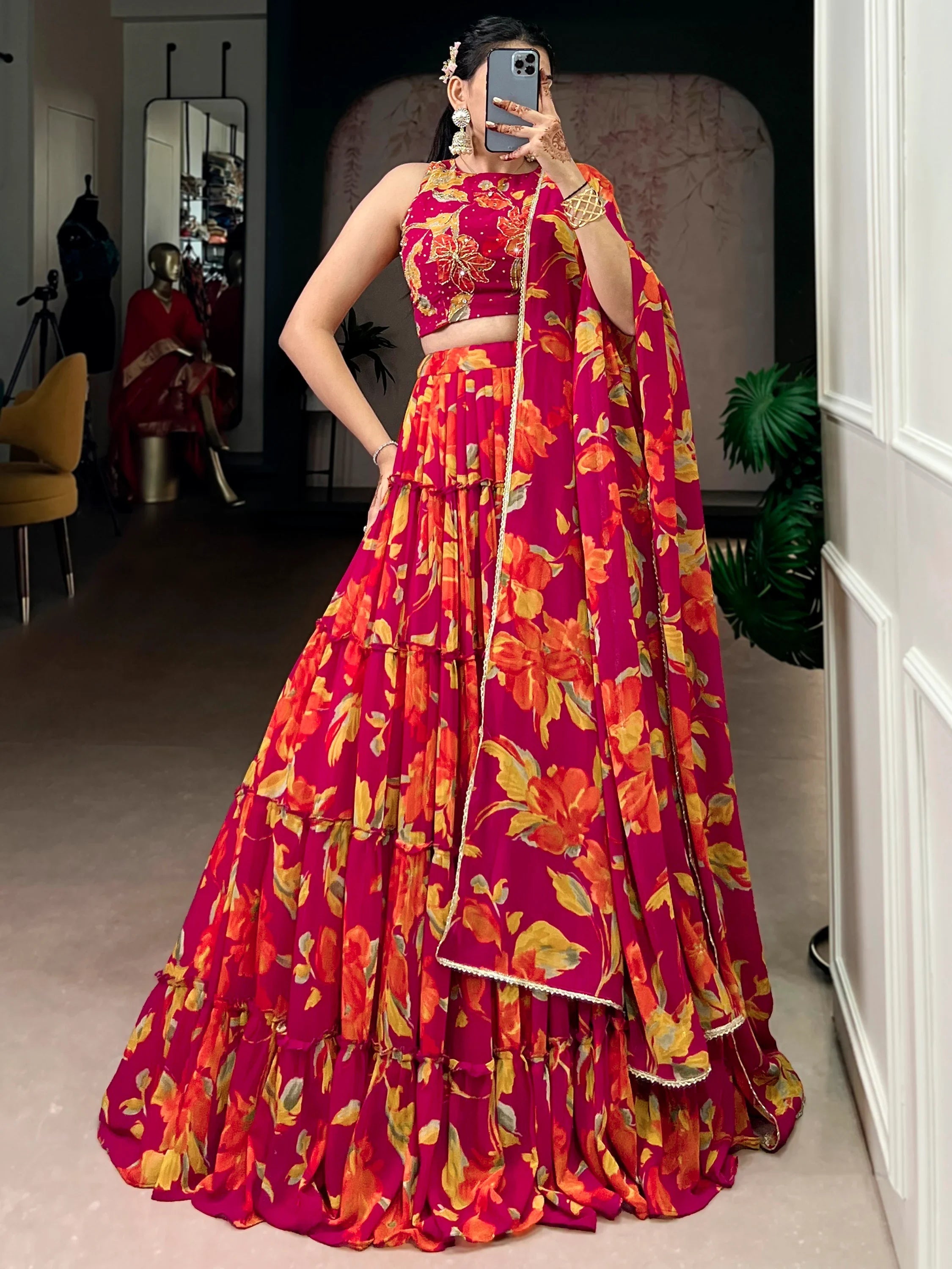 Pink Georgette Floral Printed Bridesmaid Lehenga Choli for Women