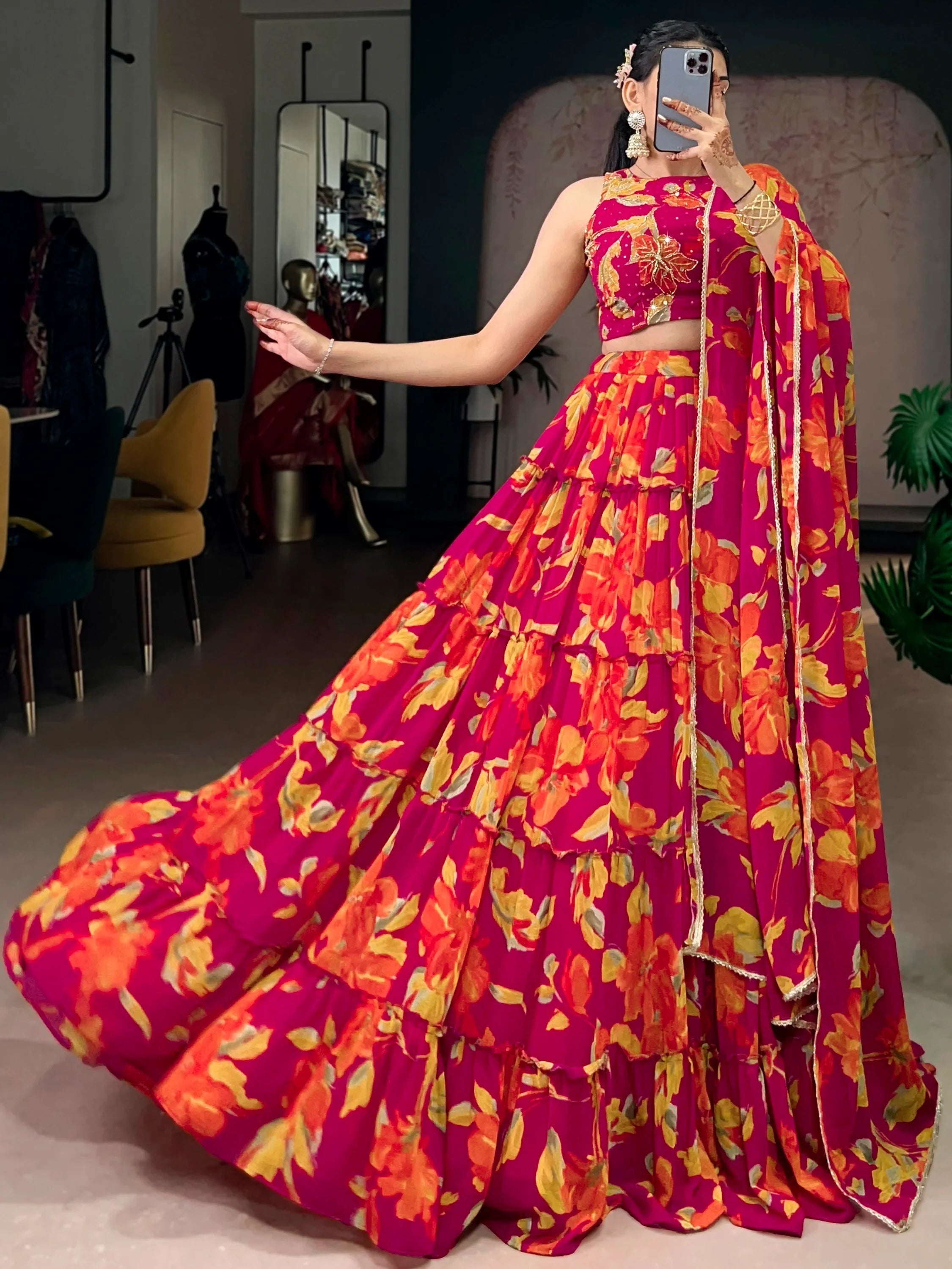 Pink Georgette Floral Printed Bridesmaid Lehenga Choli for Women