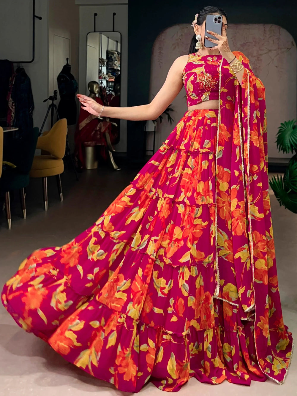 Pink Georgette Floral Printed Bridesmaid Lehenga Choli for Women