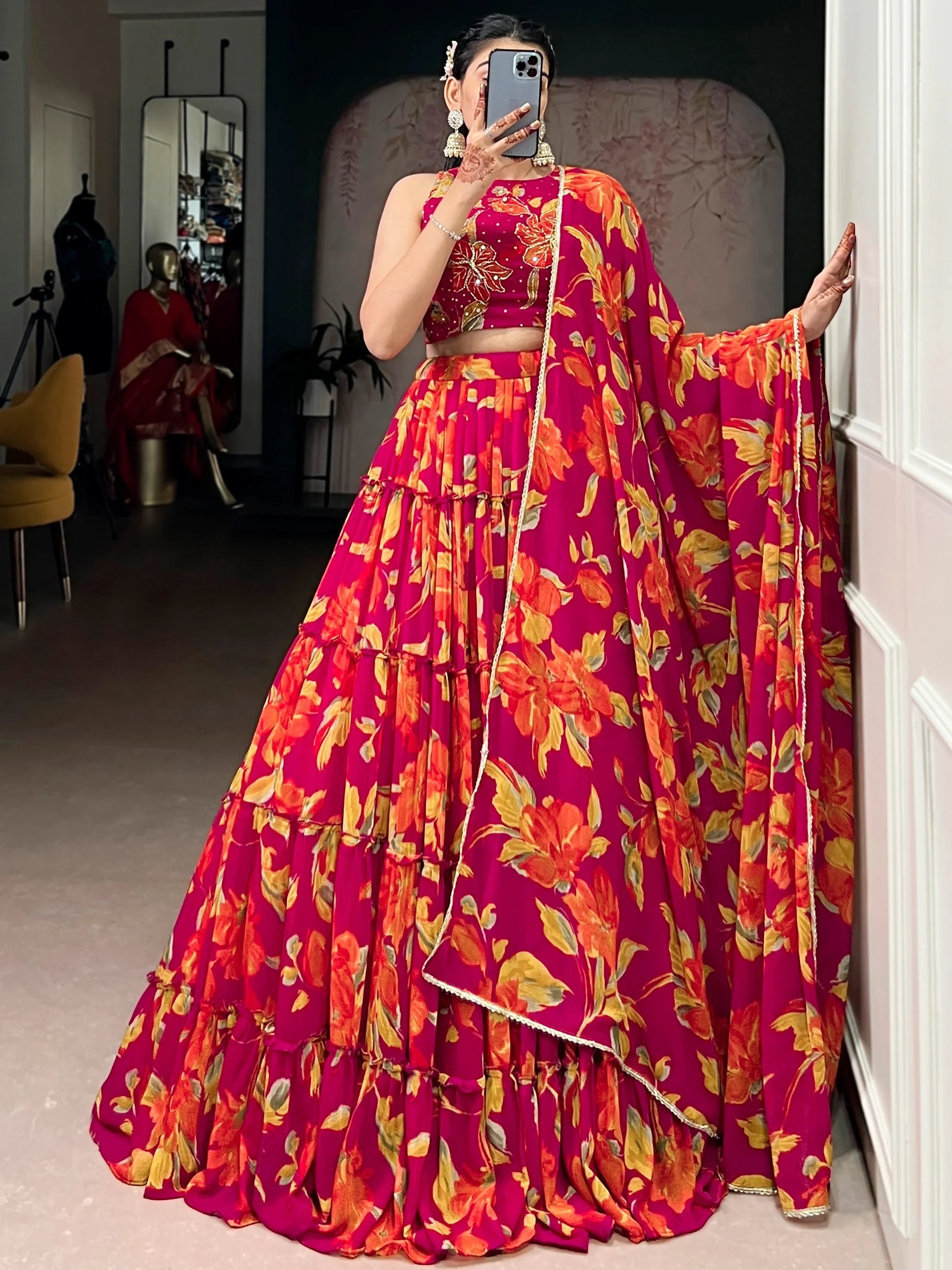 Pink Georgette Floral Printed Bridesmaid Lehenga Choli for Women