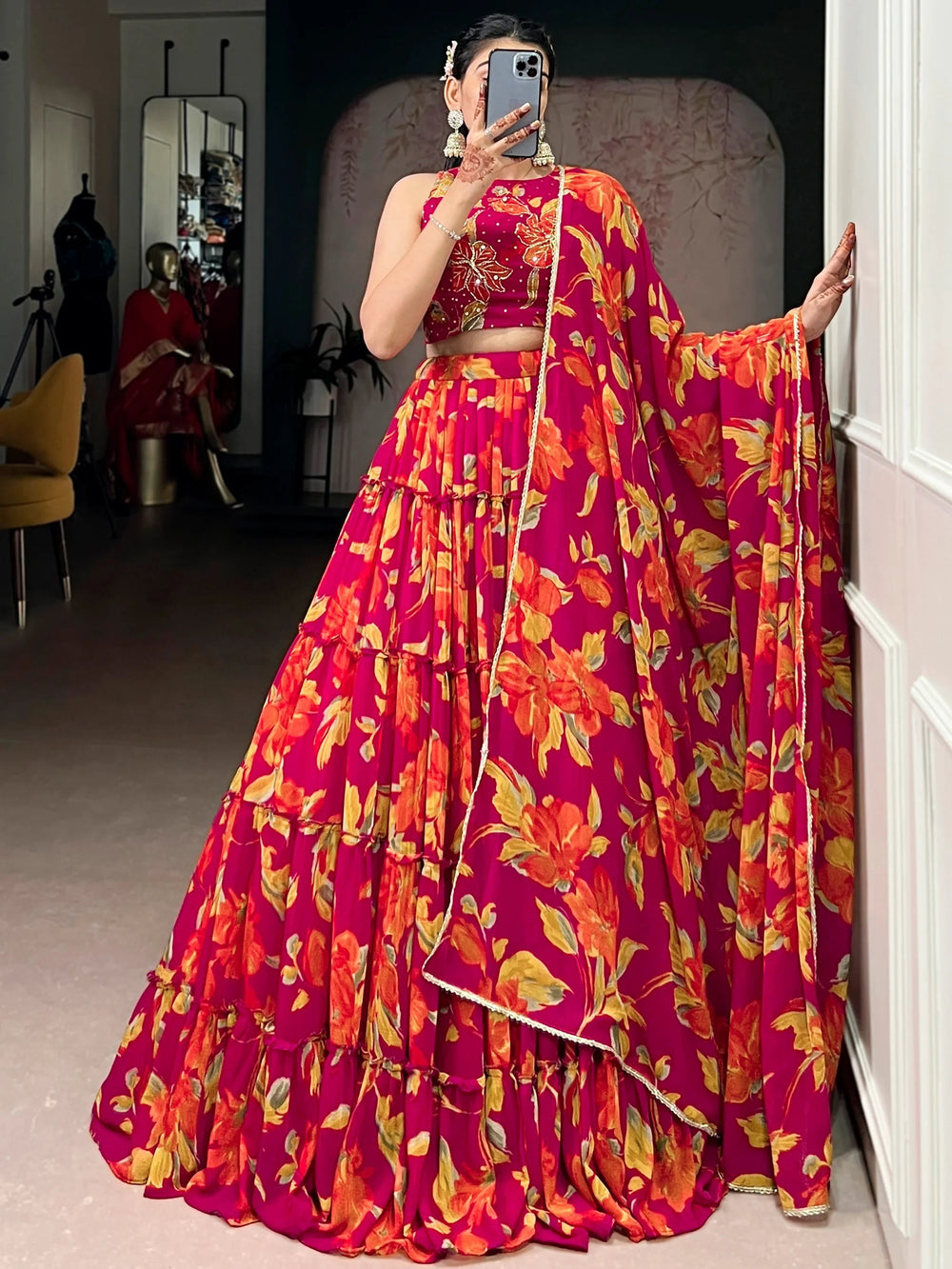 Pink Georgette Floral Printed Bridesmaid Lehenga Choli for Women