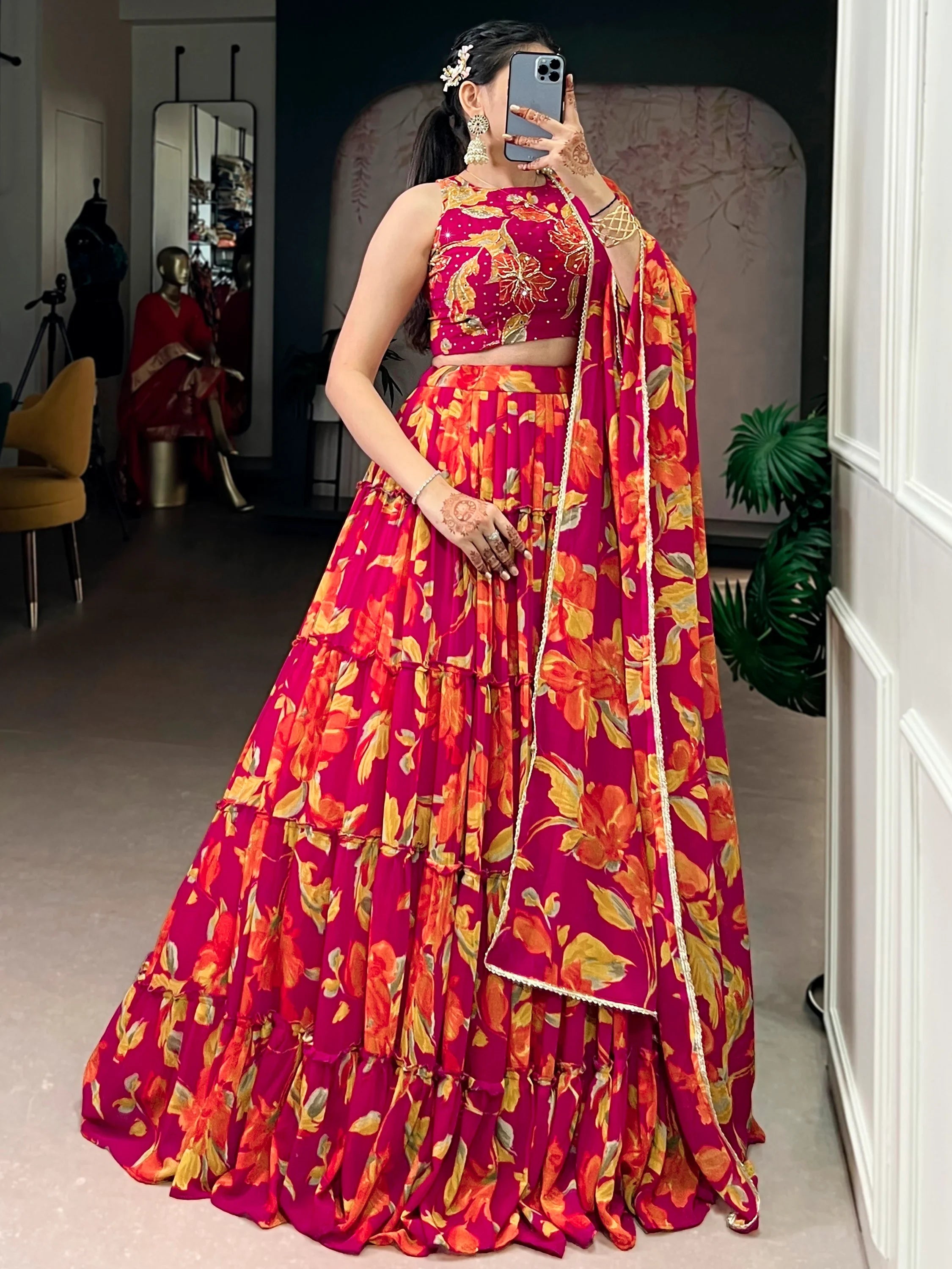 Pink Georgette Floral Printed Bridesmaid Lehenga Choli for Women