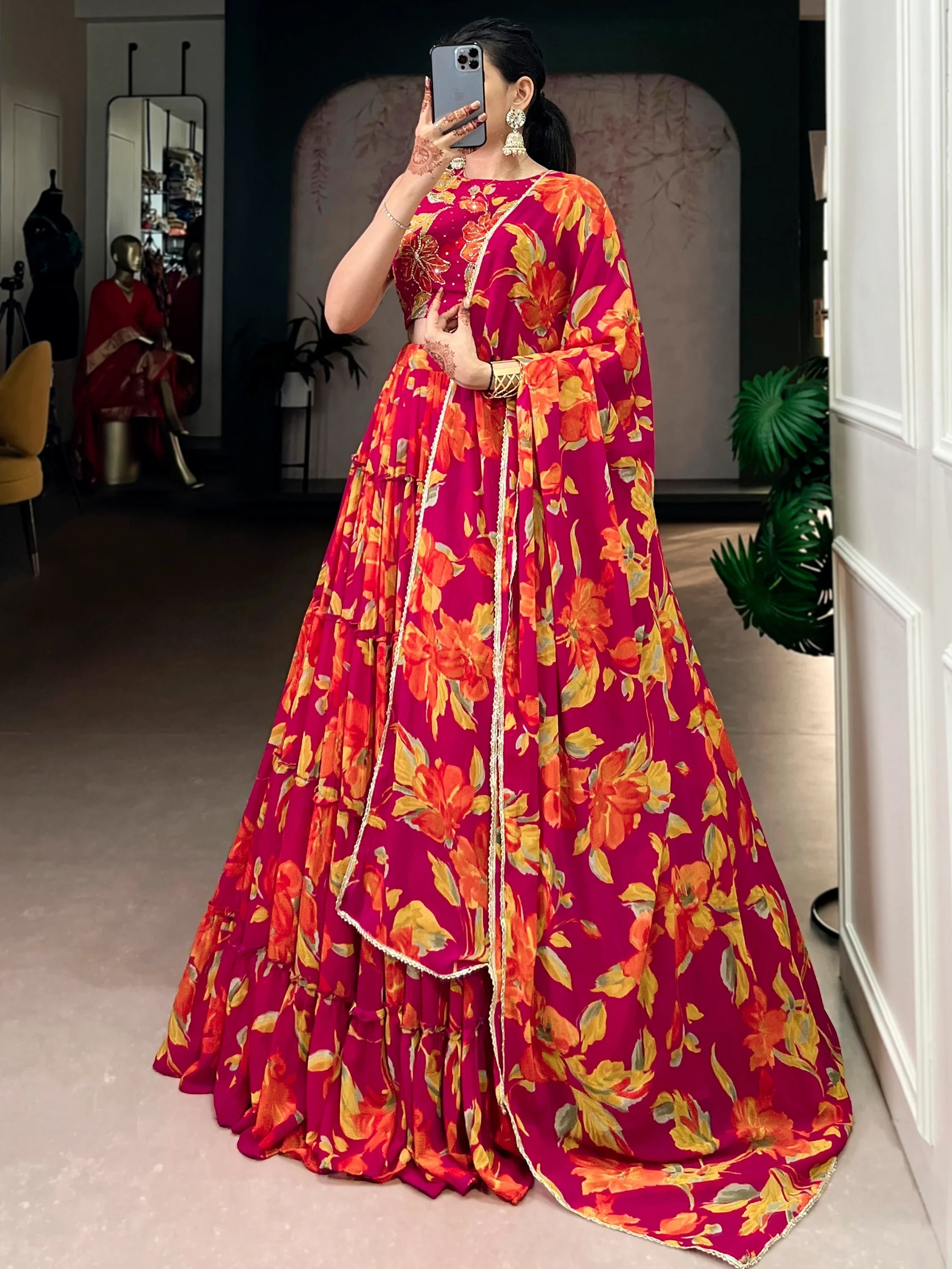 Pink Georgette Floral Printed Bridesmaid Lehenga Choli for Women