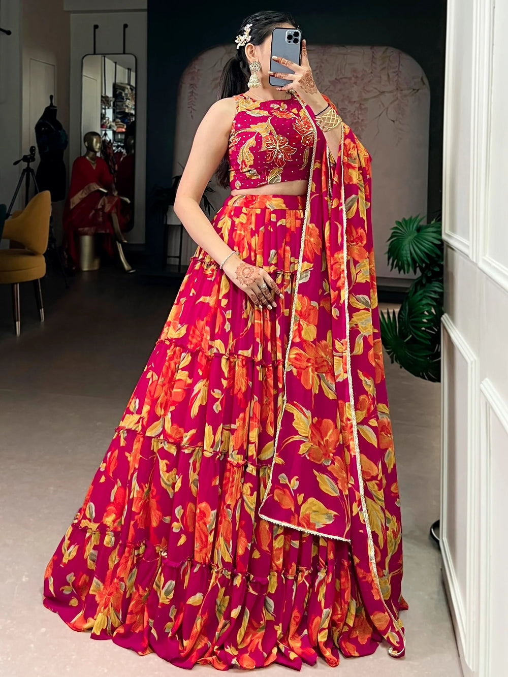 Pink Georgette Floral Printed Bridesmaid Lehenga Choli for Women
