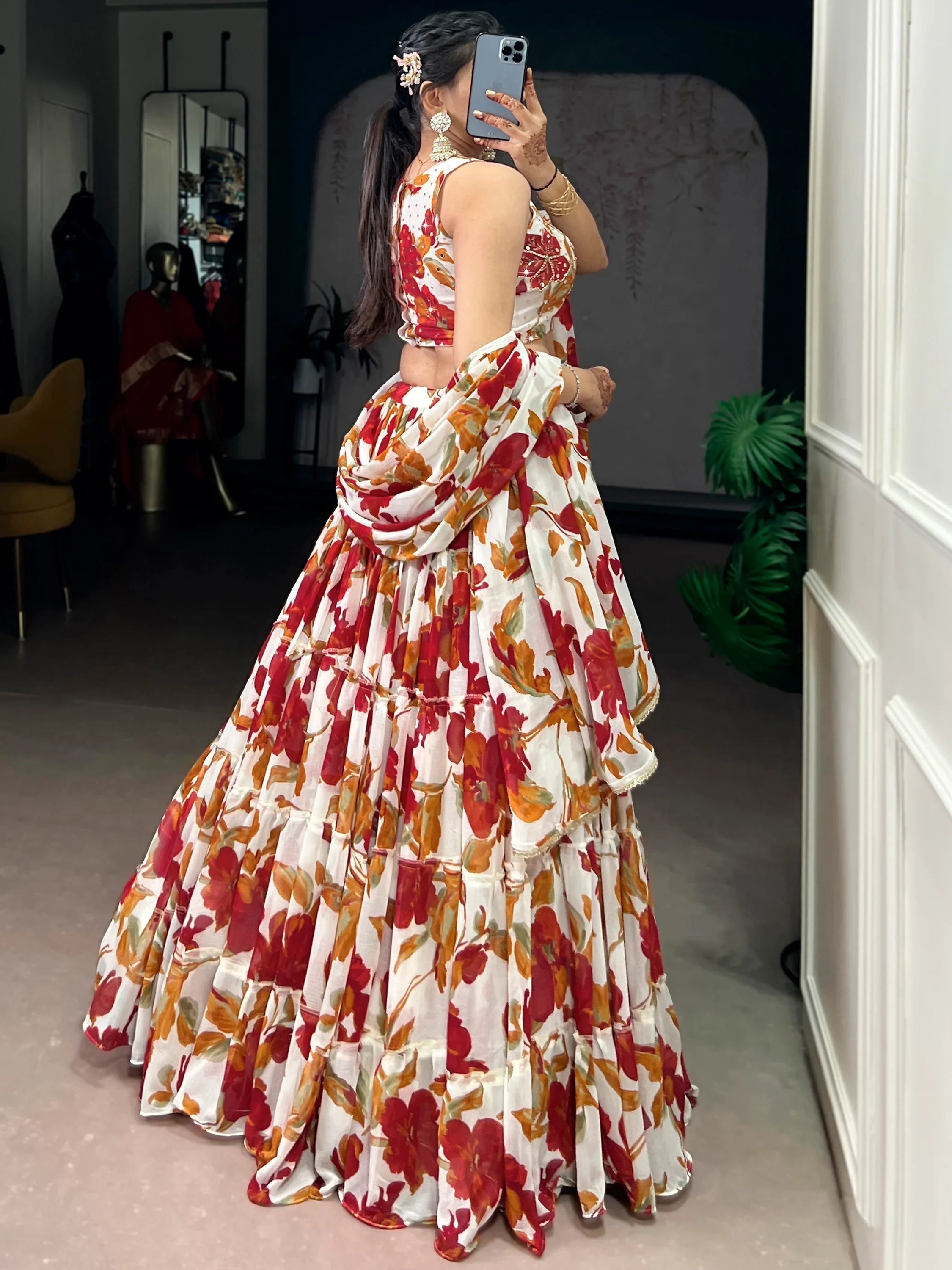 Off-White Georgette Floral Printed Function Lehenga Choli