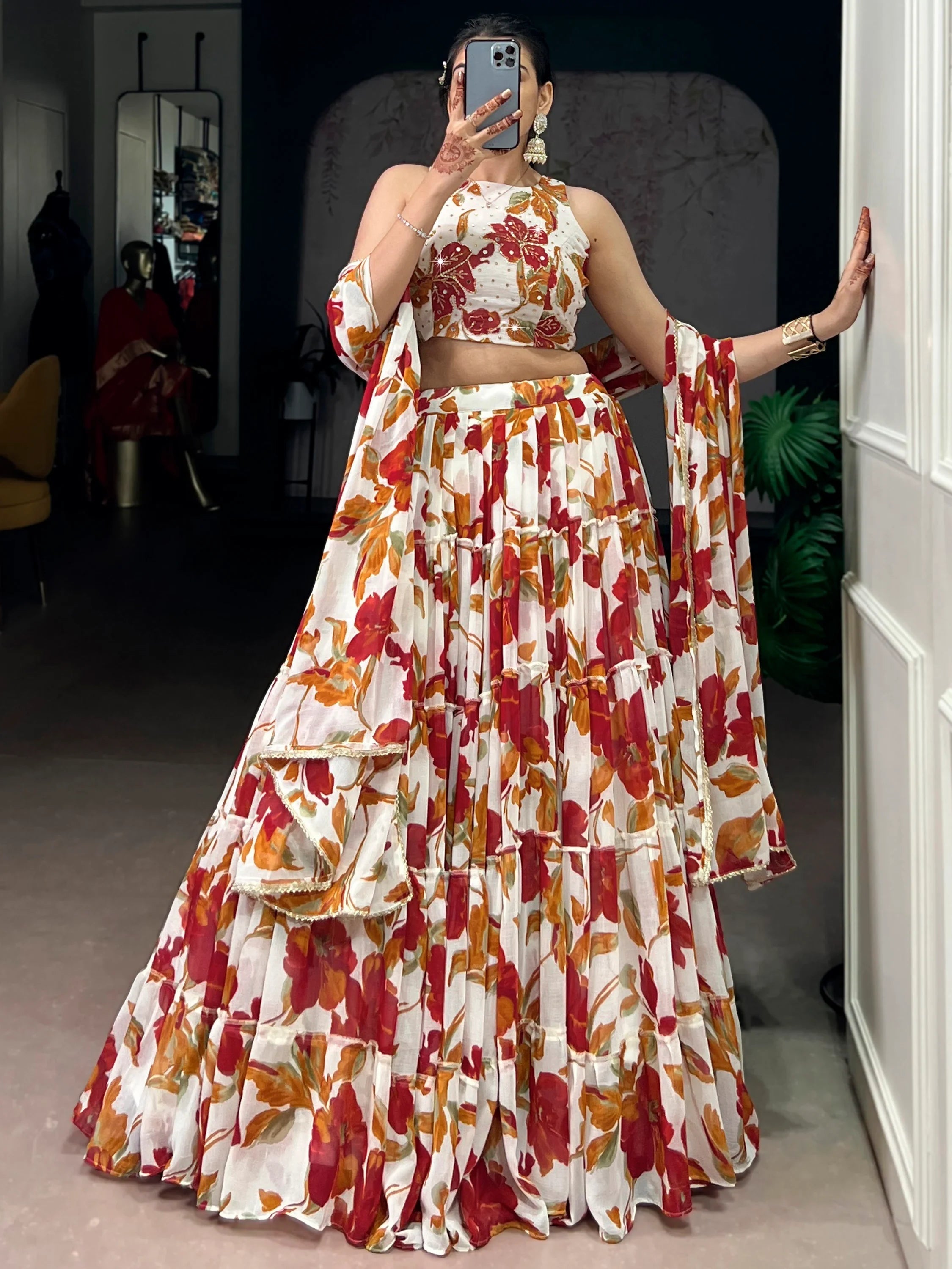 Off-White Georgette Floral Printed Function Lehenga Choli