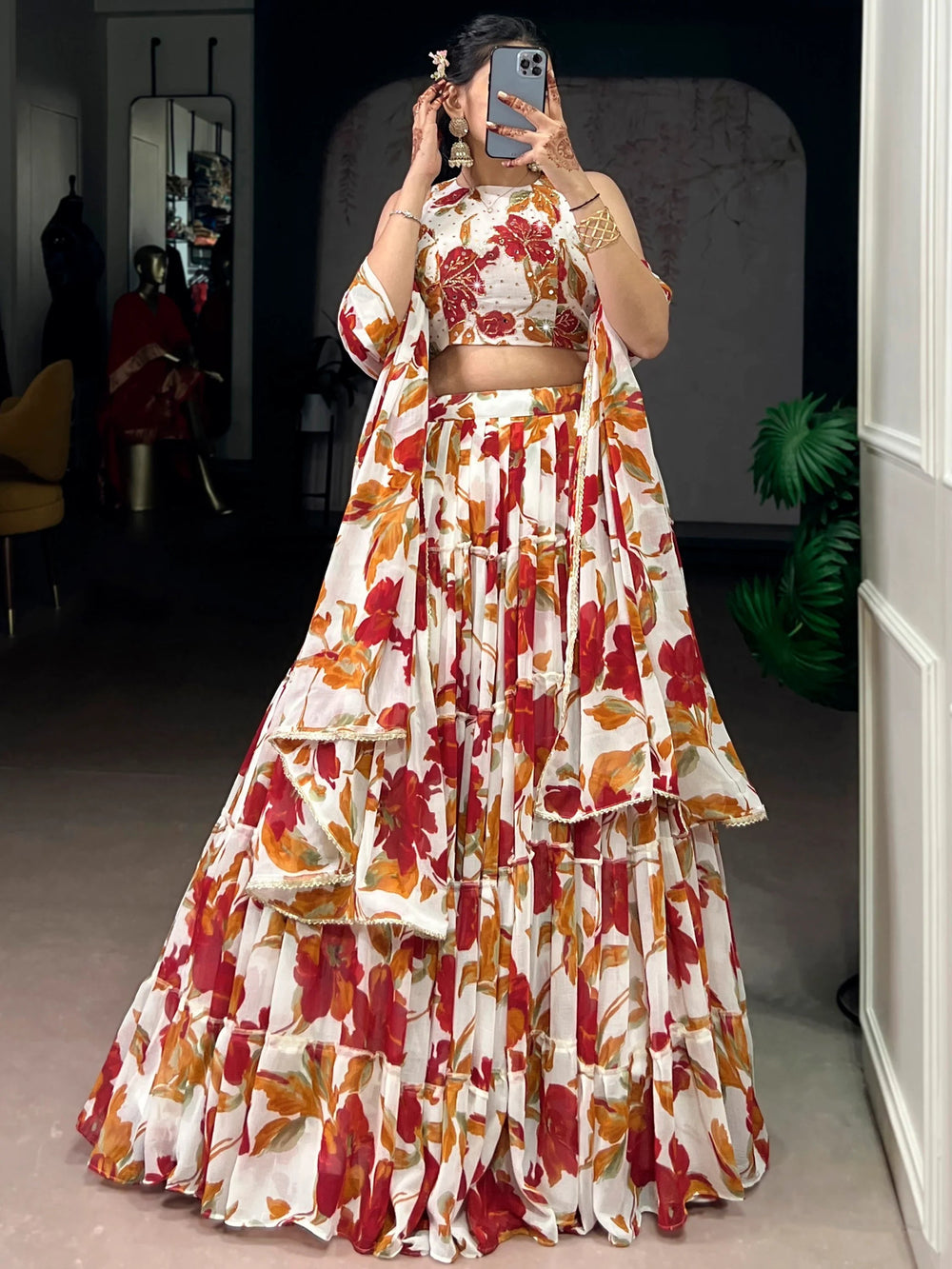Off-White Georgette Floral Printed Function Lehenga Choli