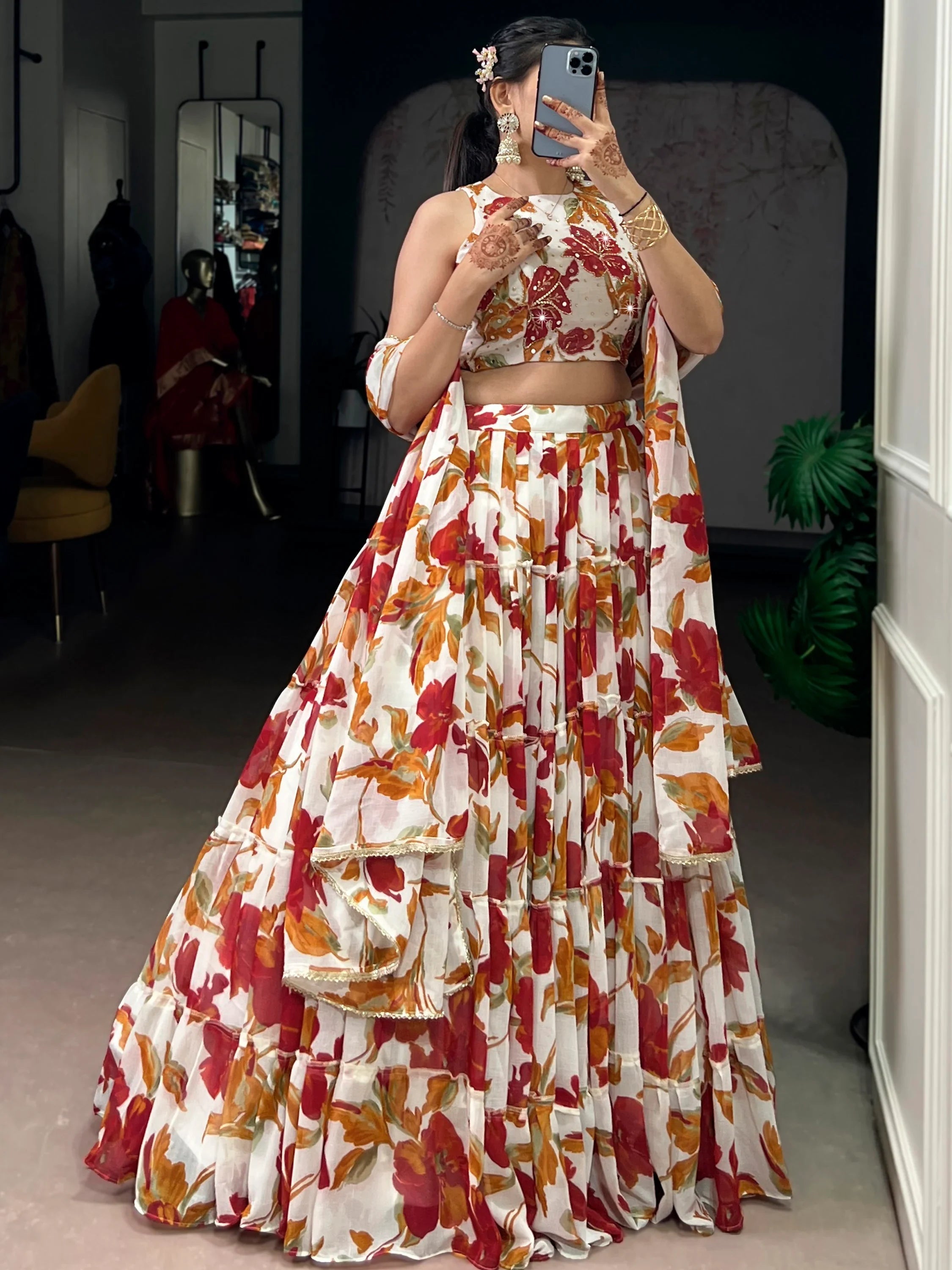 Off-White Georgette Floral Printed Function Lehenga Choli