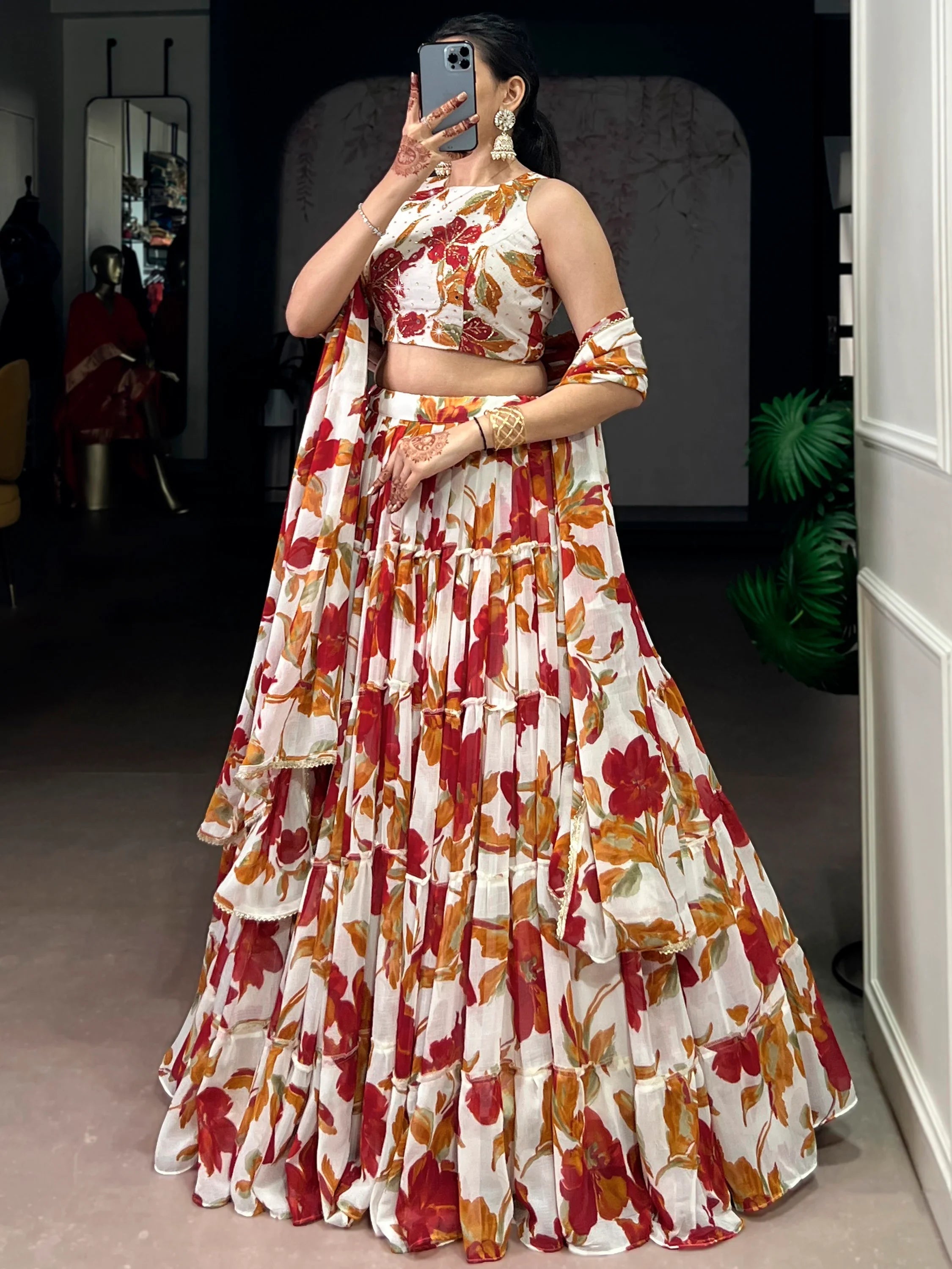 Off-White Georgette Floral Printed Function Lehenga Choli