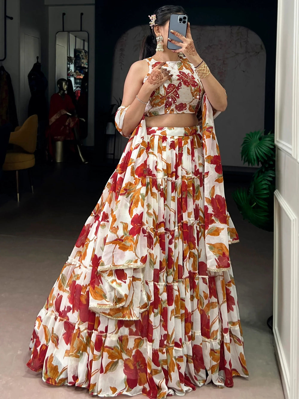 Off-White Georgette Floral Printed Function Lehenga Choli