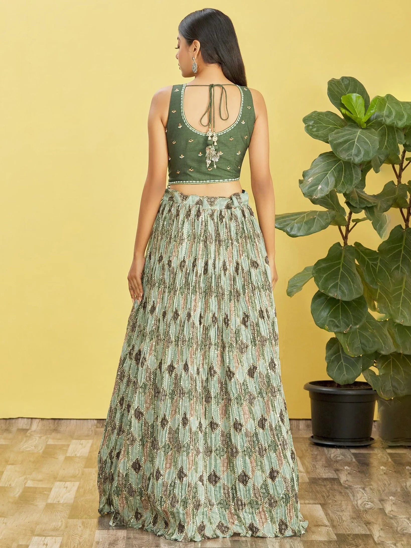 Green Embroidered Chinon Mehendi Lehenga Choli Ethnic Collection