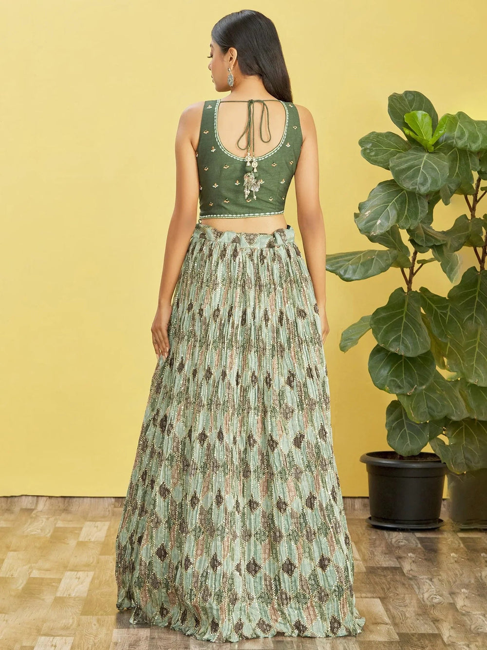 Green Embroidered Chinon Mehendi Lehenga Choli Ethnic Collection