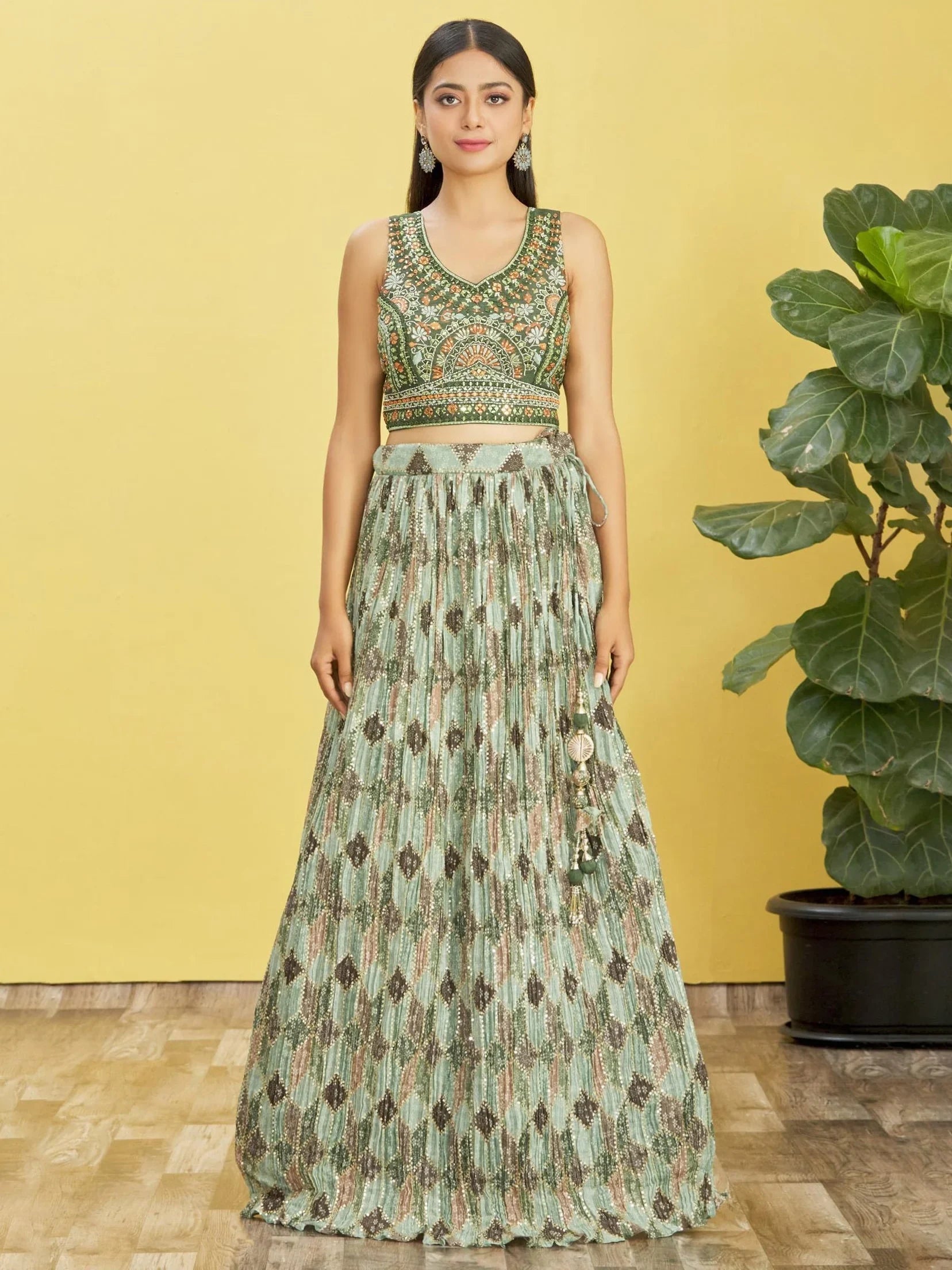 Green Embroidered Chinon Mehendi Lehenga Choli Ethnic Collection