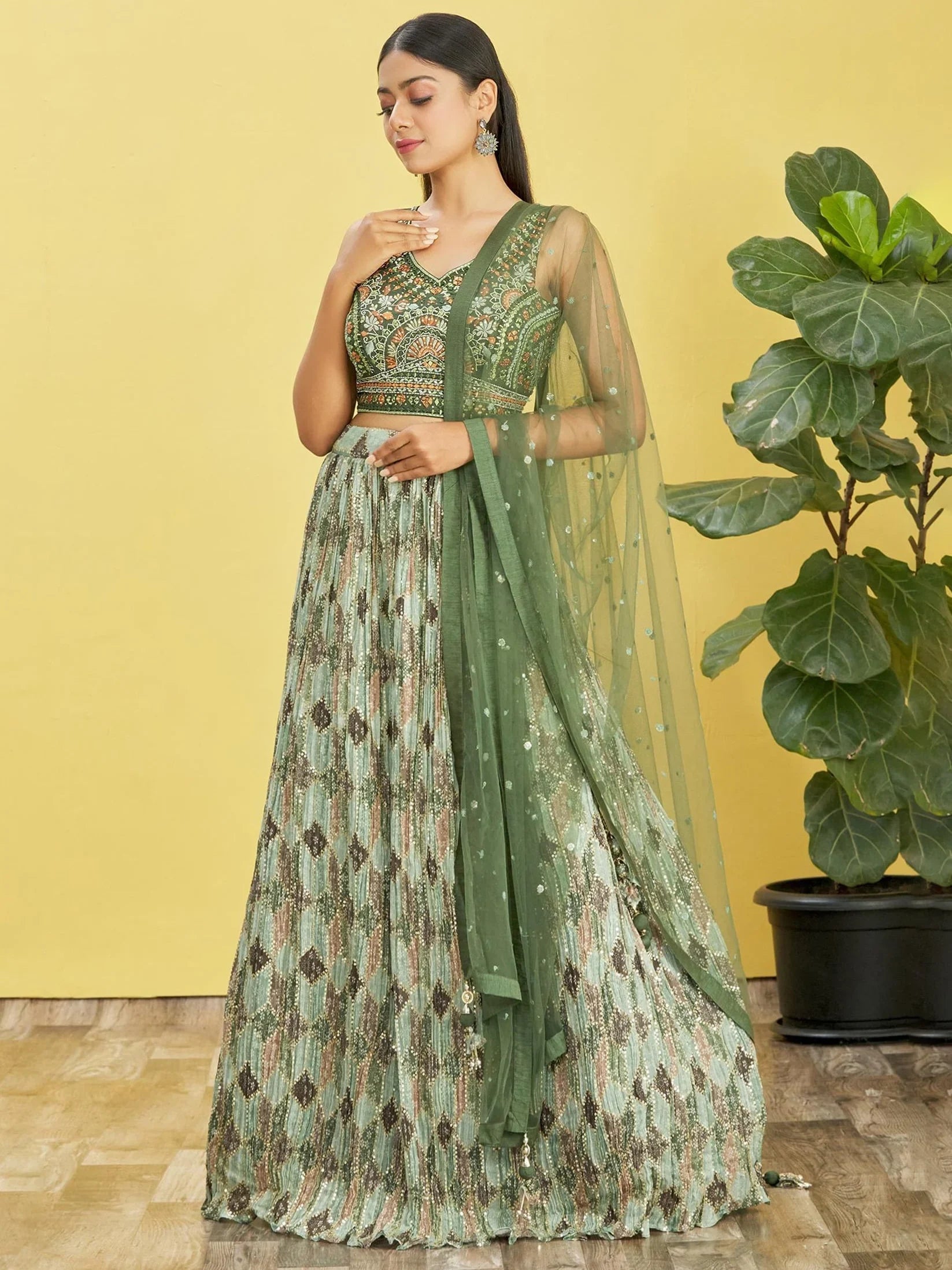 Green Embroidered Chinon Mehendi Lehenga Choli Ethnic Collection