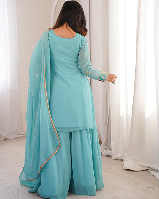 Sky Blue Crunchy Silk Festive Sharara Suit for Women