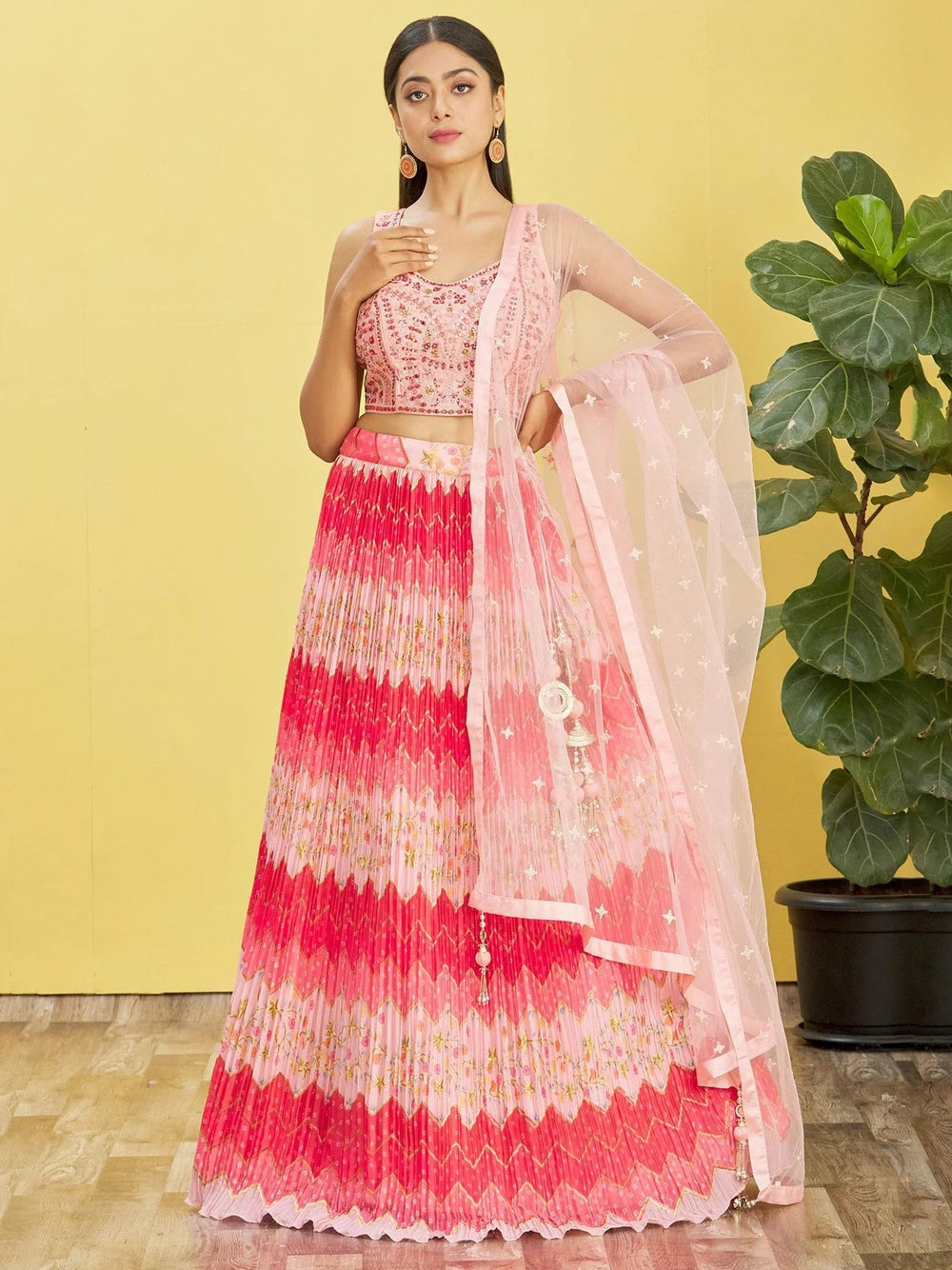 Pink Embroidered Chinon Festival Lehenga Choli for Women