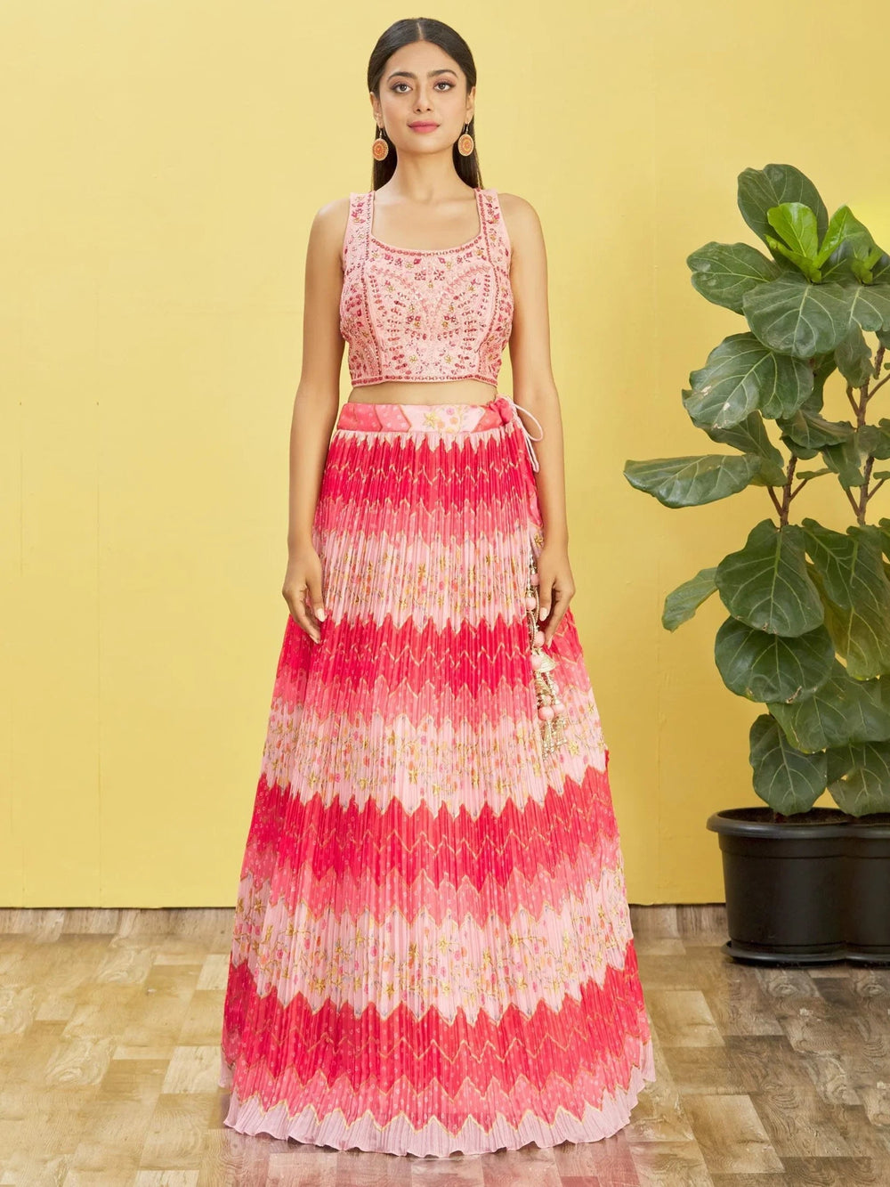 Pink Embroidered Chinon Festival Lehenga Choli for Women