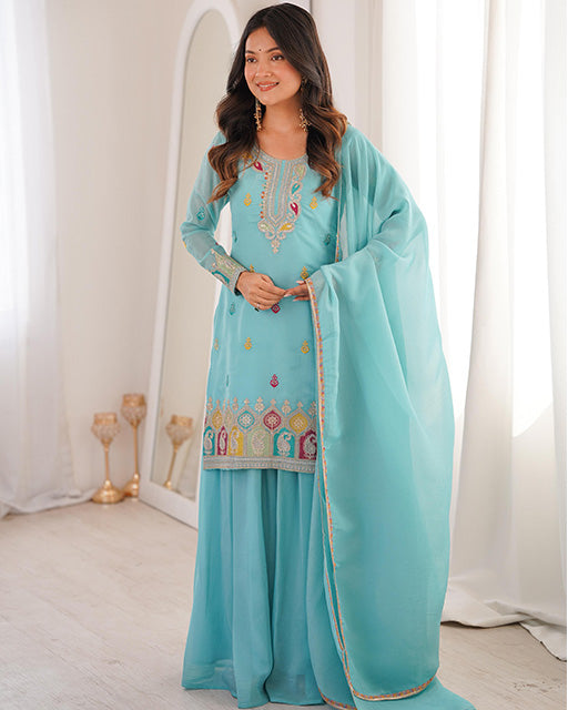 Sky Blue Crunchy Silk Festive Sharara Suit for Women