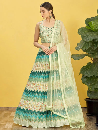 Styling Green Mirror Work Chinon Reception Lehenga Choli for Women