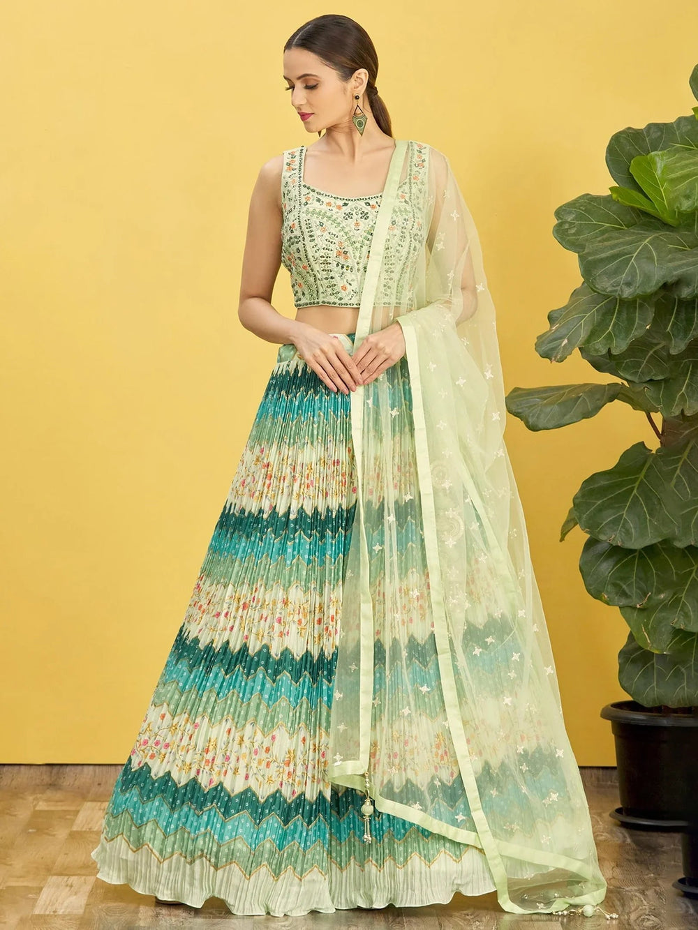 Styling Green Mirror Work Chinon Reception Lehenga Choli for Women