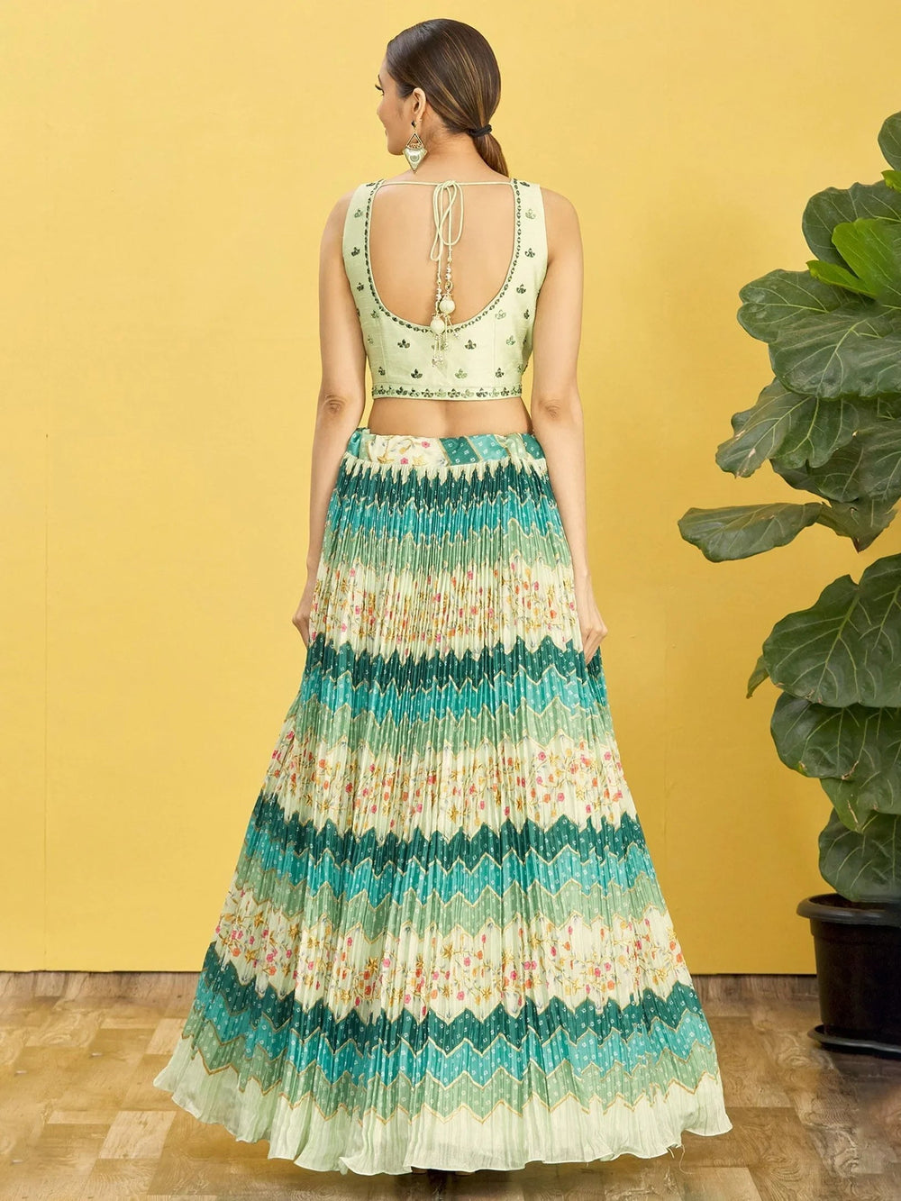 Styling Green Mirror Work Chinon Reception Lehenga Choli for Women