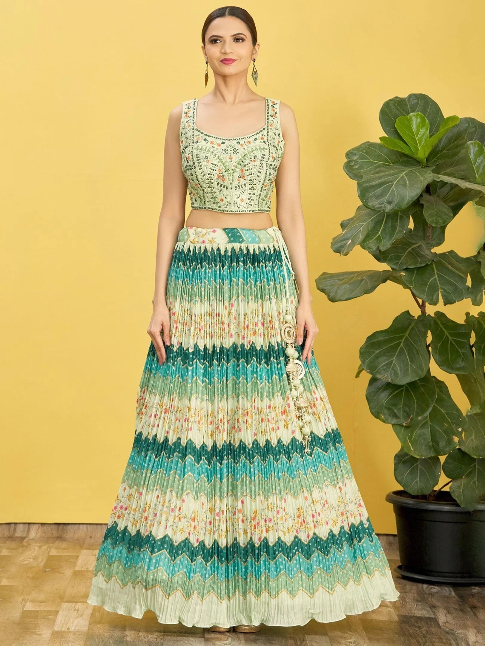 Styling Green Mirror Work Chinon Reception Lehenga Choli for Women