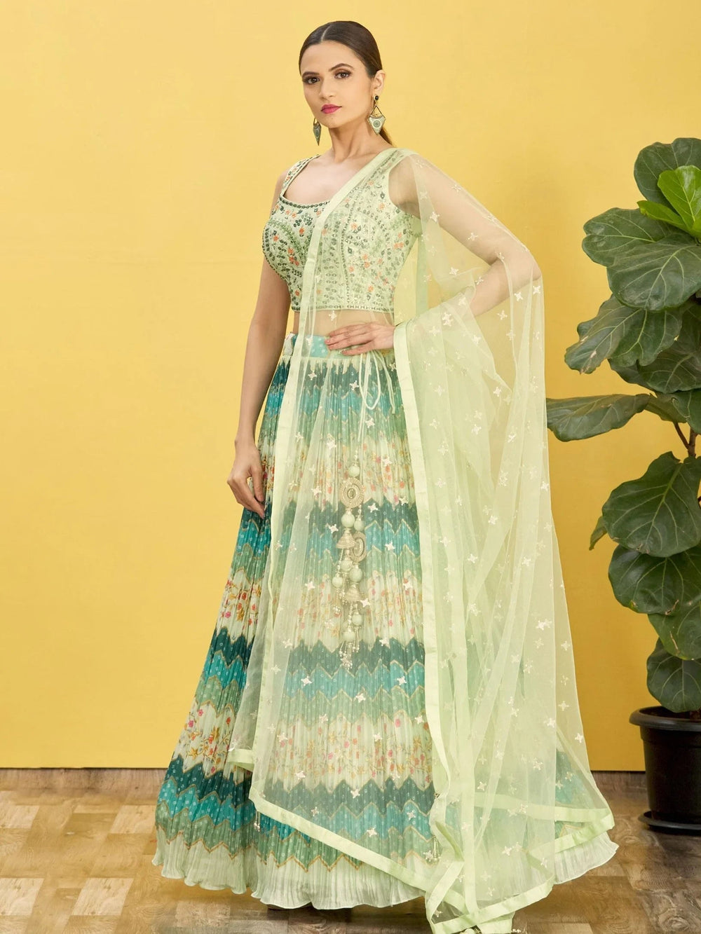 Styling Green Mirror Work Chinon Reception Lehenga Choli for Women