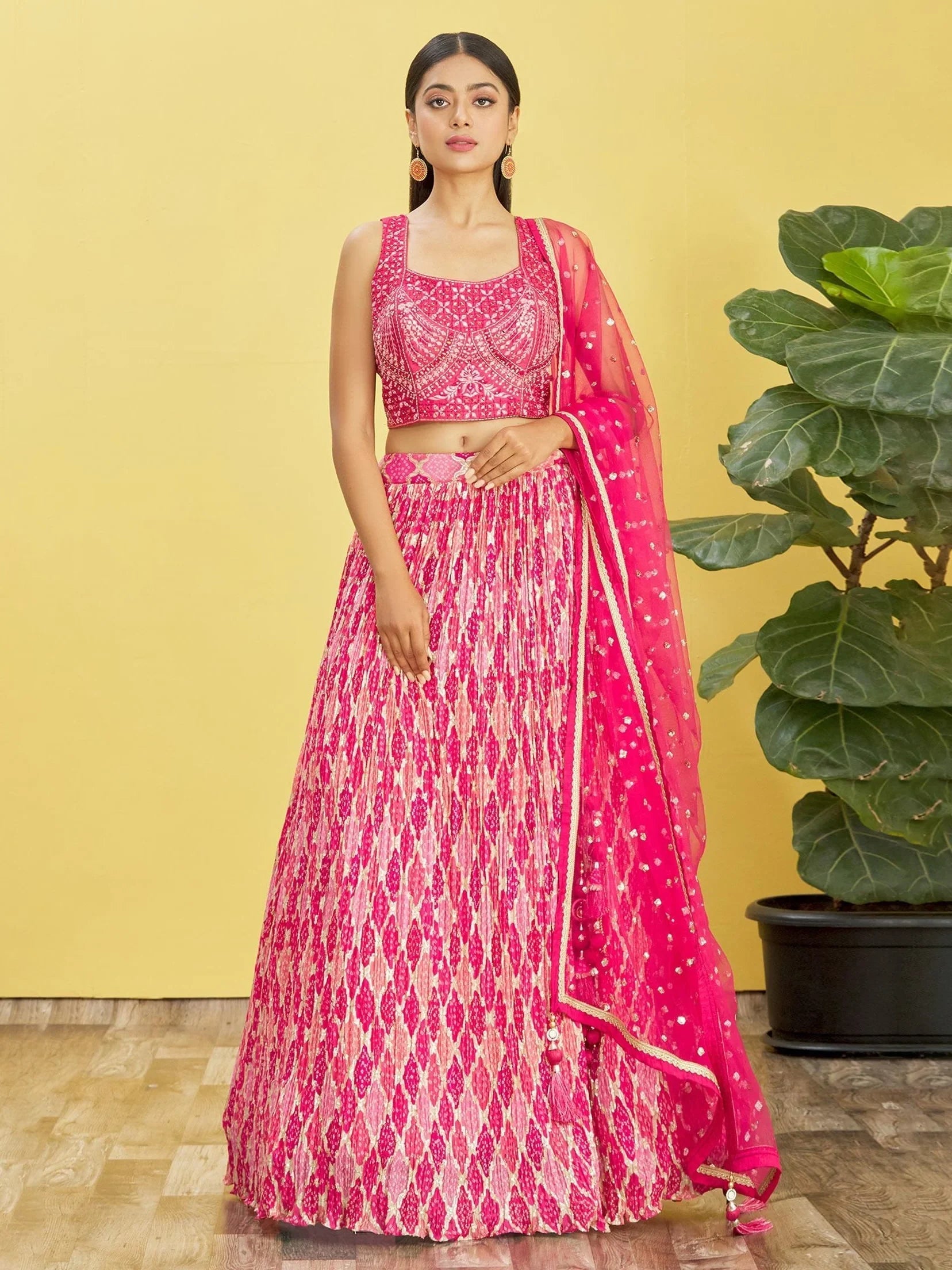 Pink Mirror Work Chinon Reception Lehenga Choli Occasion Wear