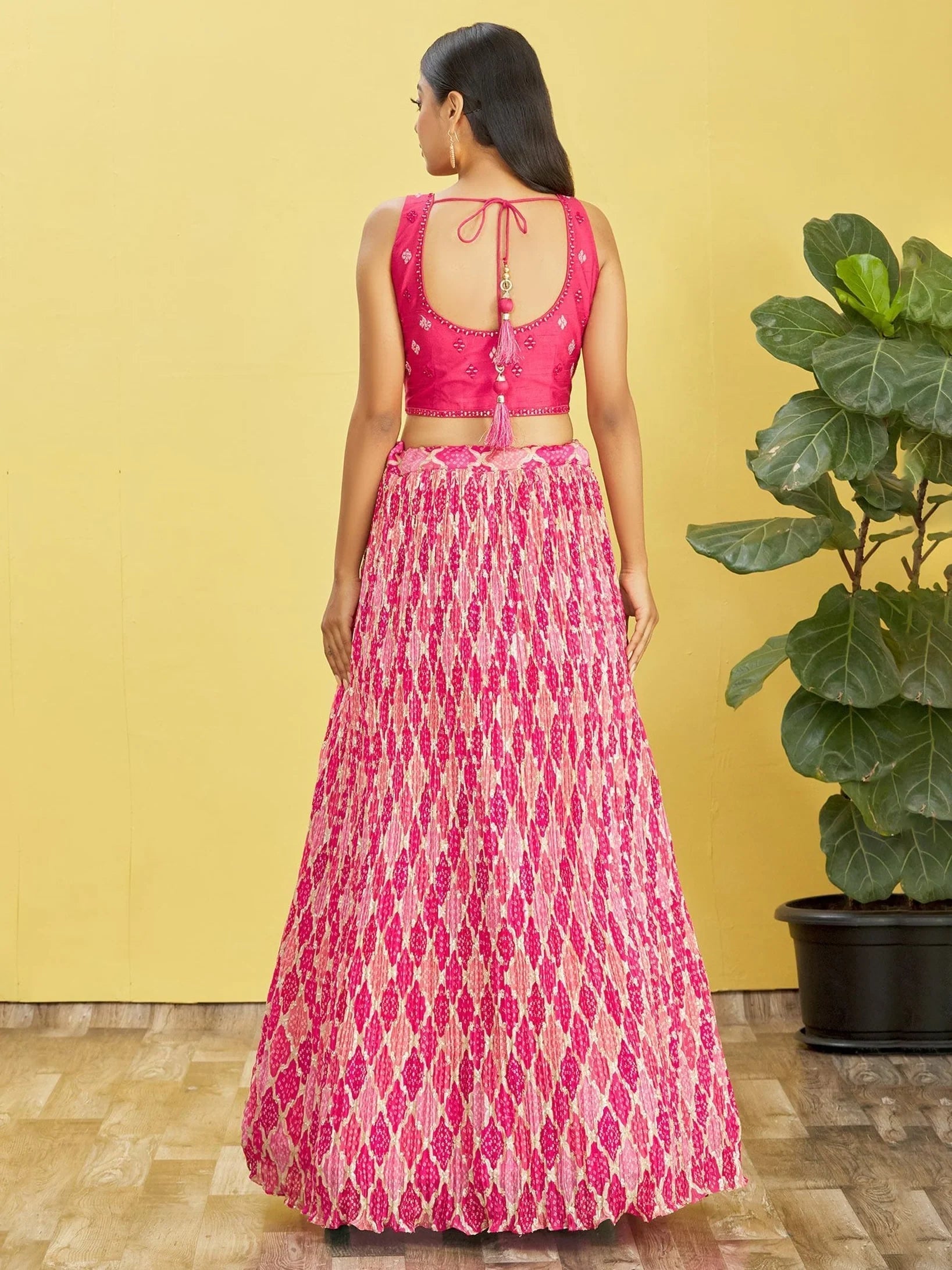 Pink Mirror Work Chinon Reception Lehenga Choli Occasion Wear