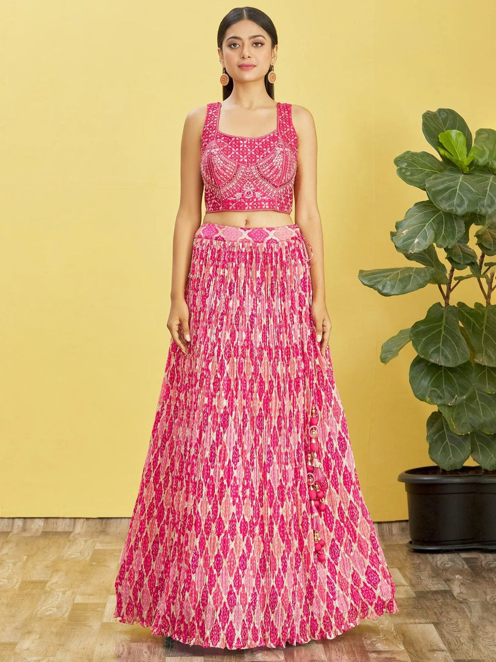 Pink Mirror Work Chinon Reception Lehenga Choli Occasion Wear