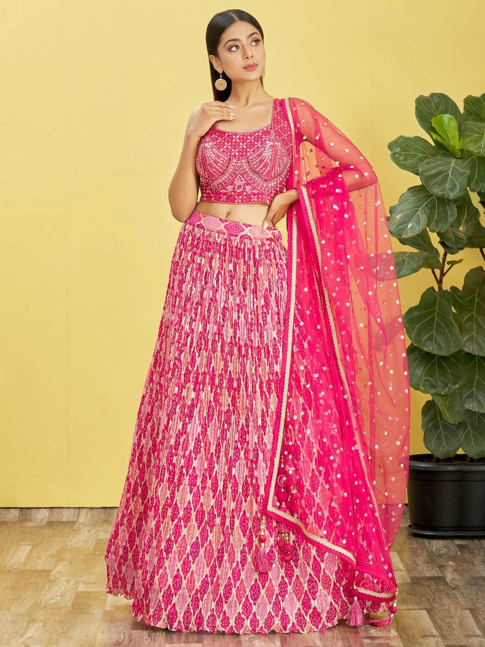 Pink Mirror Work Chinon Reception Lehenga Choli Occasion Wear