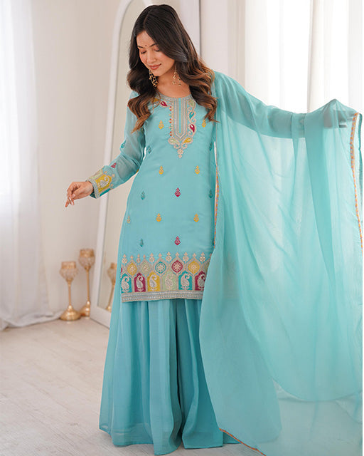 Sky Blue Crunchy Silk Festive Sharara Suit for Women