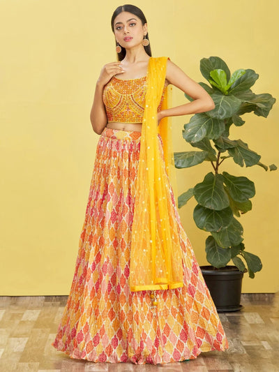 Chinon lehenga choli with mirror work and thread embroidery for haldi ceremony and festive wear