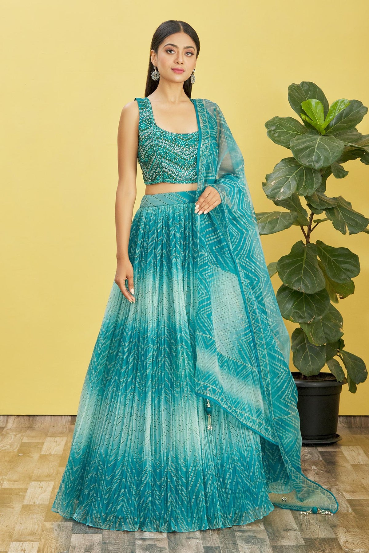 Blue Mirror Work Organza Wedding Lehenga Choli Indian Ethnic Wear