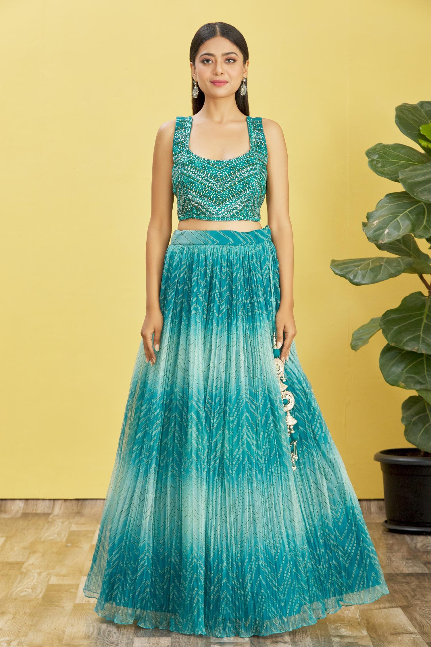 Blue Mirror Work Organza Wedding Lehenga Choli Indian Ethnic Wear