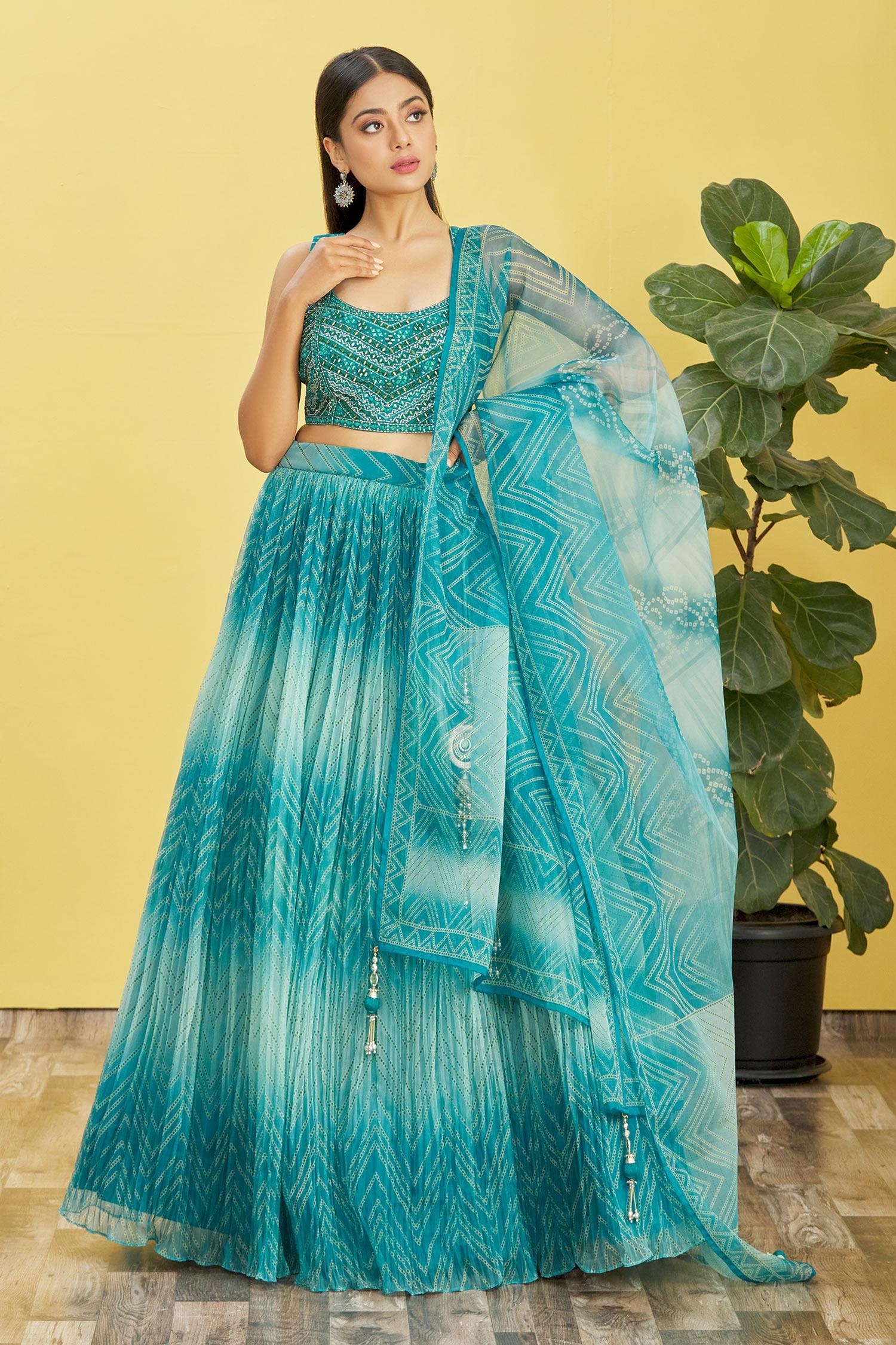 Blue Mirror Work Organza Wedding Lehenga Choli Indian Ethnic Wear