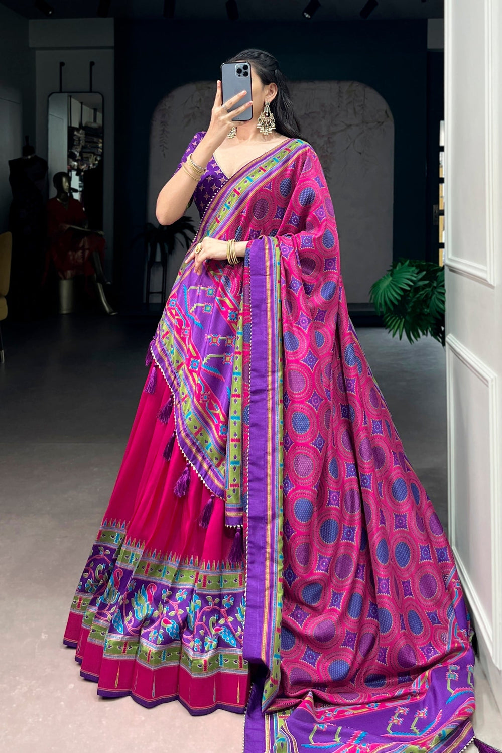 Pink Printed Tasar Silk Festive Lehenga Choli for Women