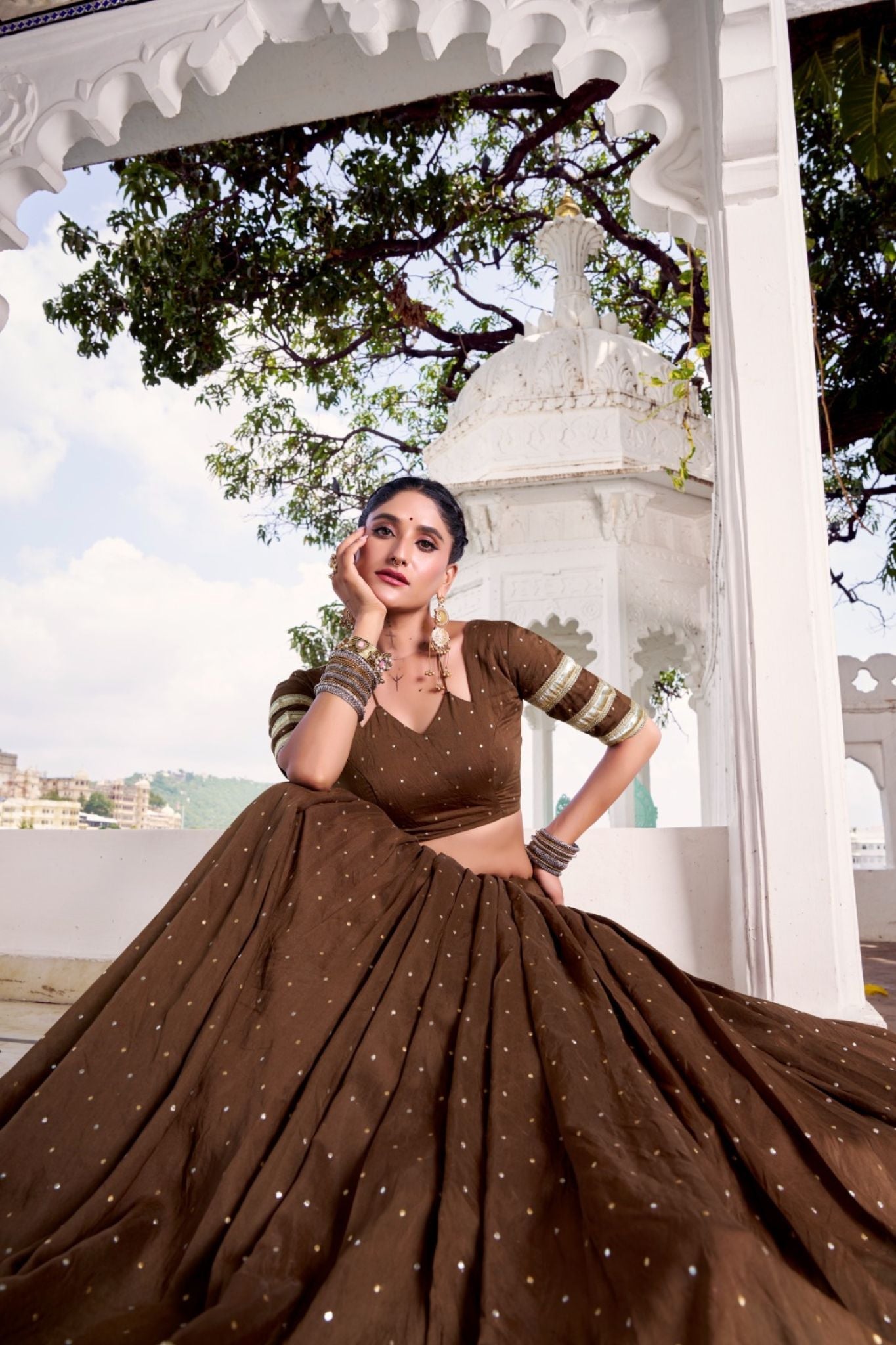 Brown Pure Chanderi Zari Weaving Lehenga Choli Set For Festive And Wedding Special