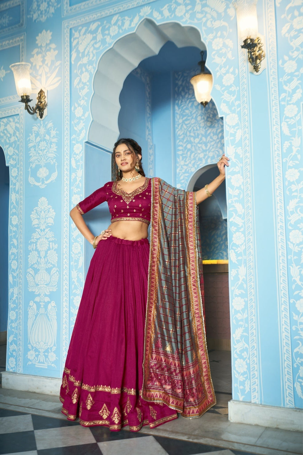 Stunning Vichitra Silk Embroidery Sequins Worked Lehenga Choli Set - Zimonza