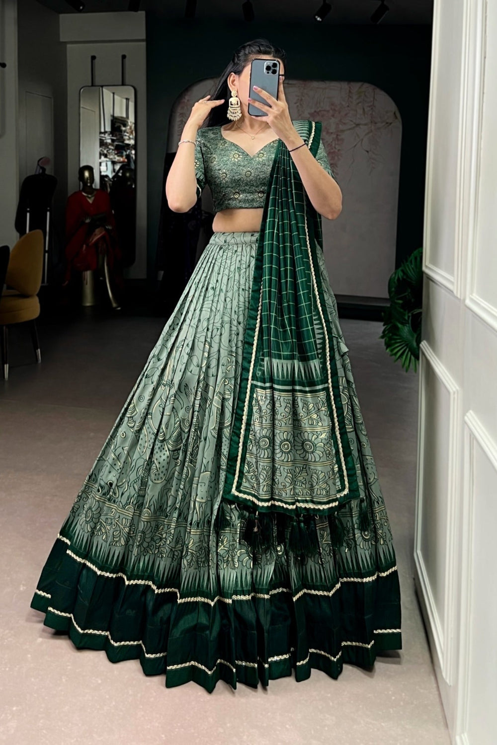 Grey Festive Kalamkari Printed Tasar Silk Lehenga Choli With Dupatta