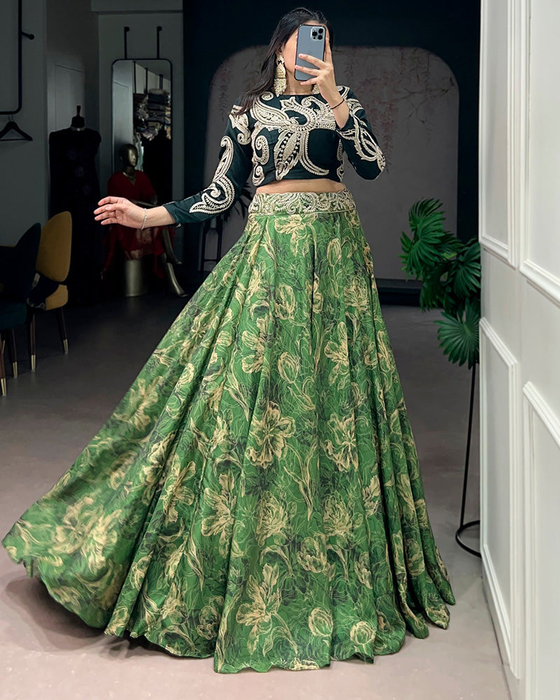 Green Eye Catching Tussar Silk Printed Embroidered Lehenga Choli for Women