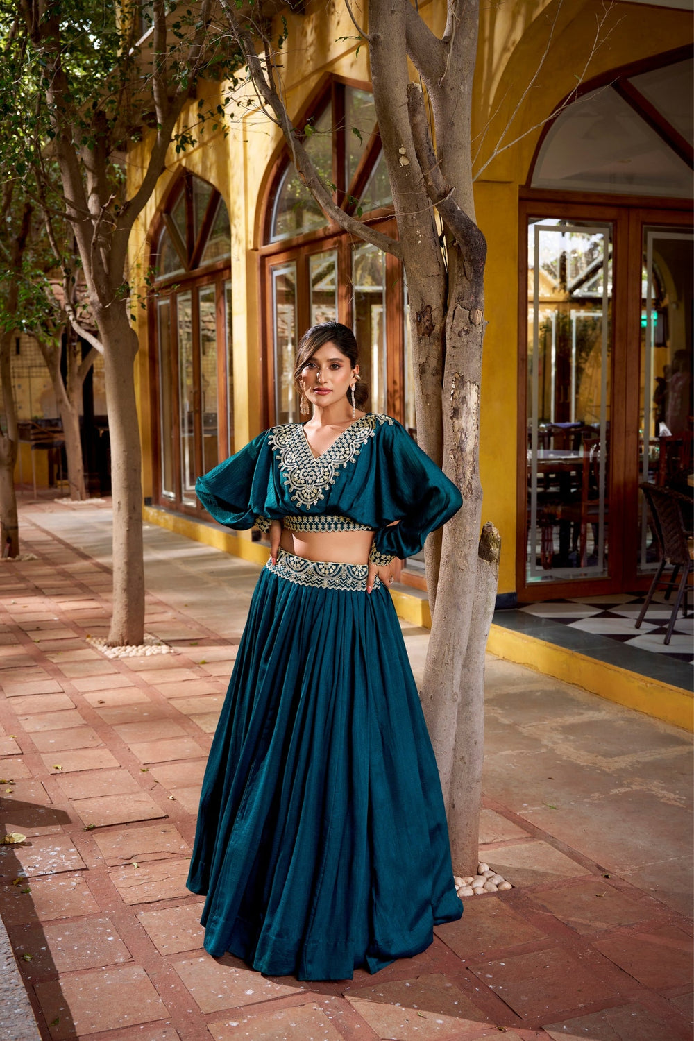 Pearl Blue Designer Vichitra Silk Thread Embroidered Lehenga Co Ord Set