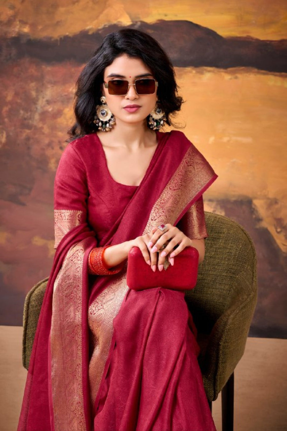 Maroon Marshmallow Silk Woven Contrast Border Festive Saree for Women