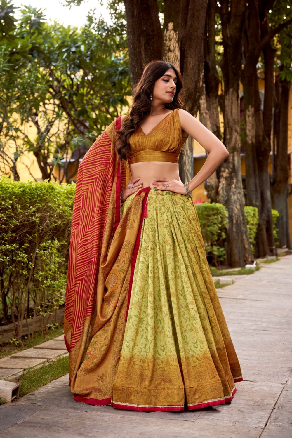 Firozi Heritage Inspired Vichitra Silk Printed Luxury Lehenga Set With Elegant Flare