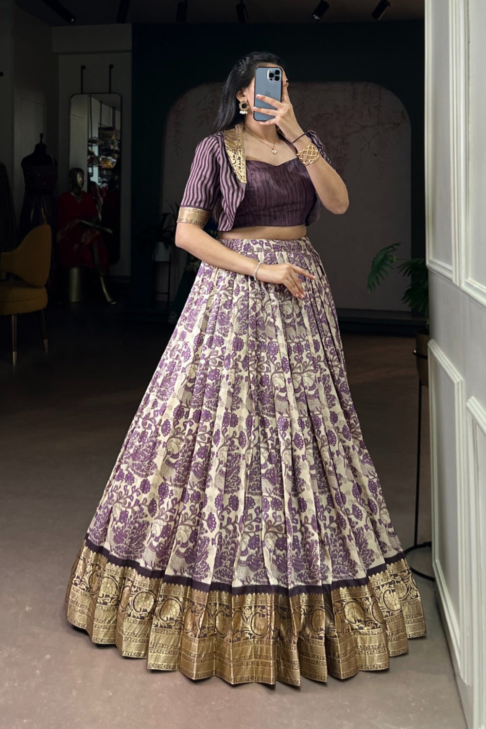 Lavender Handcrafted Tasar Silk Printed With Viscose Border Lehenga Choli