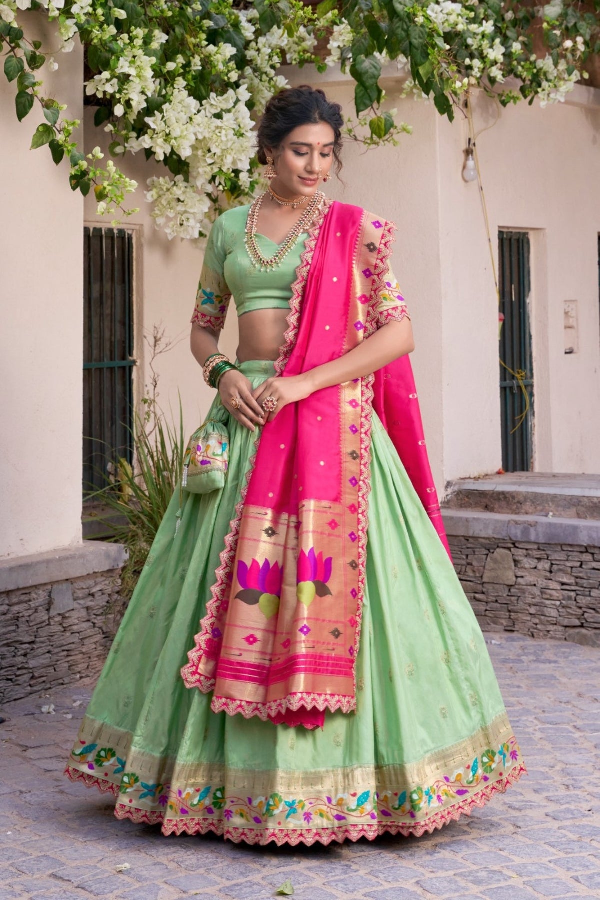 Pista Traditional Paithani Jacquard Sik Lehenga Set For Wedding