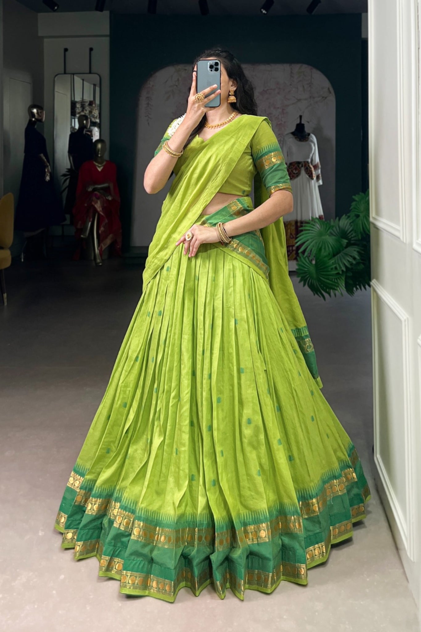 Navy Blue Pure Chanderi Zari Weaving Work South Indian Lehenga Choli