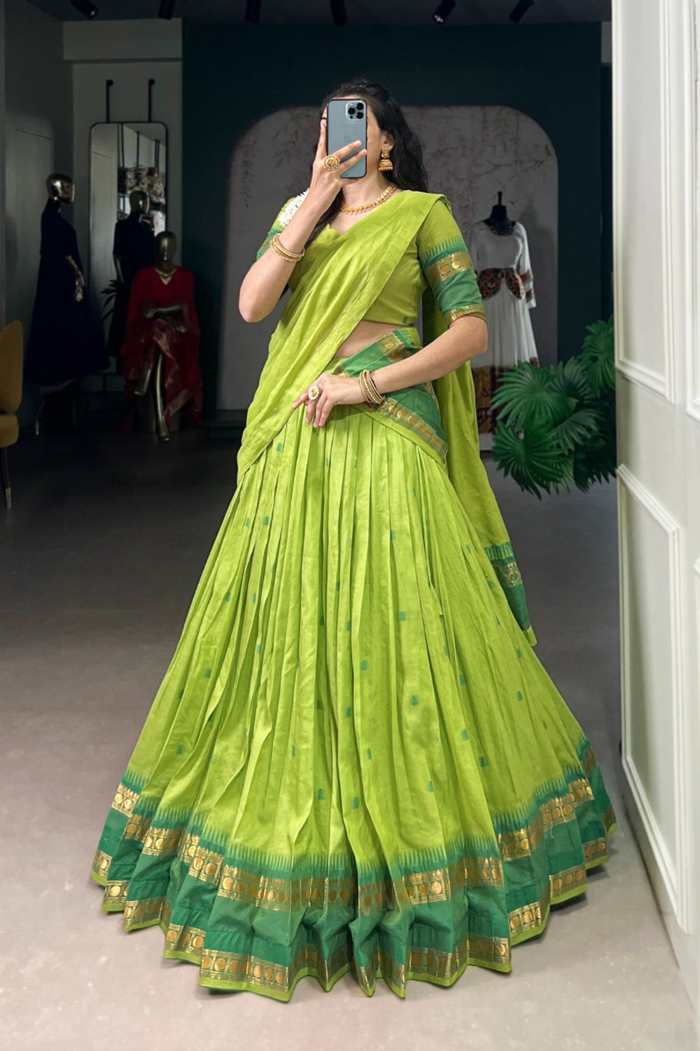 Navy Blue Pure Chanderi Zari Weaving Work South Indian Lehenga Choli