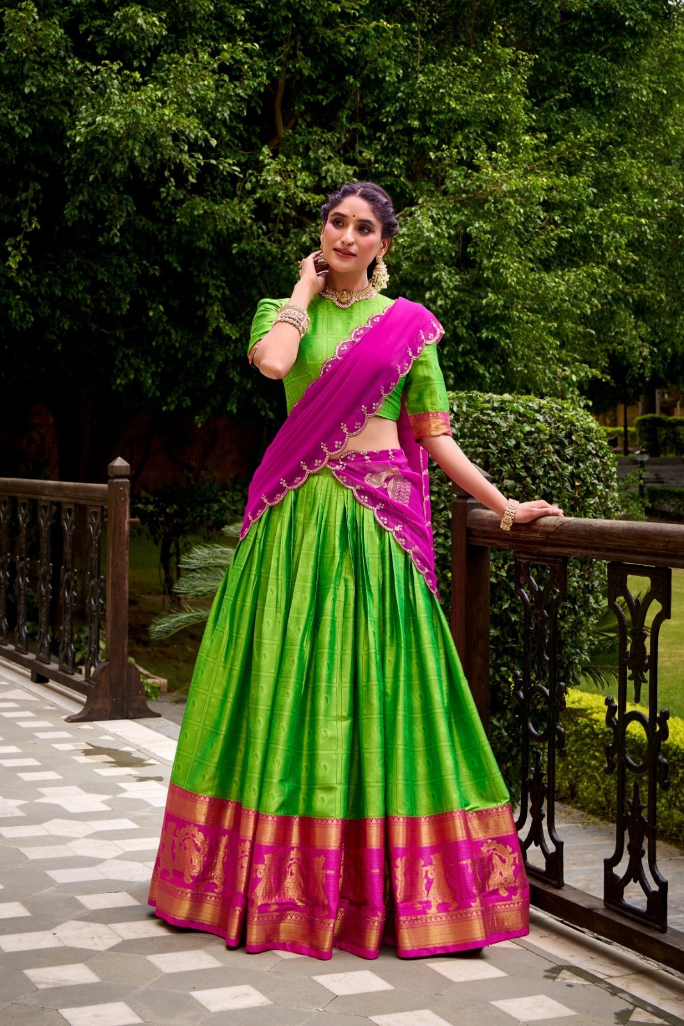 Parrot Green Poly Cotton Zari Weaving Work Beautiful Lehenga Choli