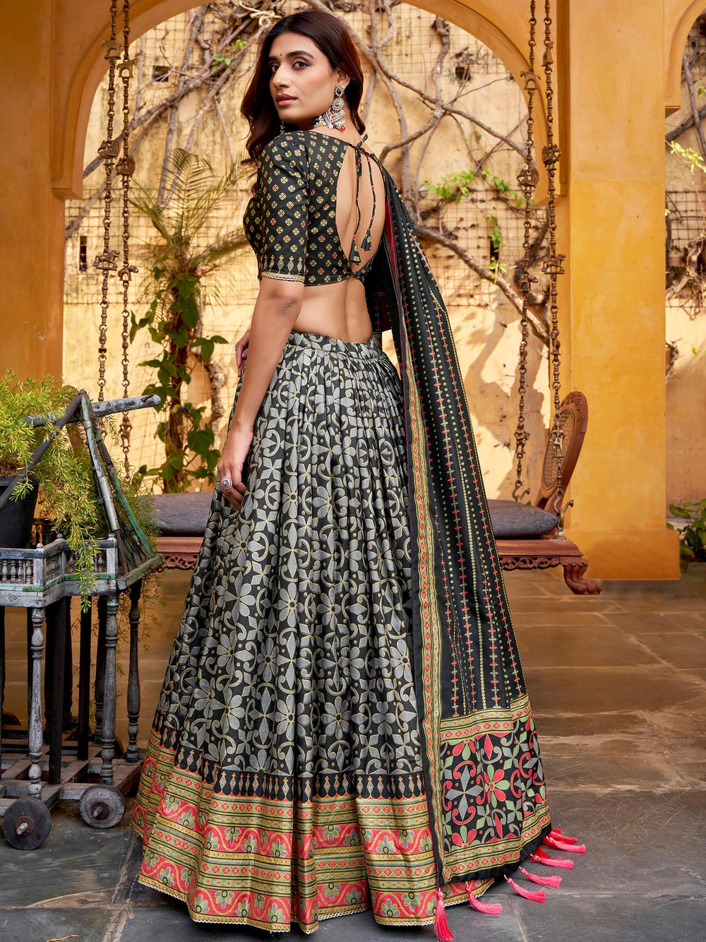 Black Silk Digital Printed Traditional Lehenga Choli for Women